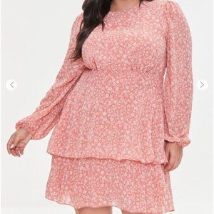 Pink and White Floral Long-Sleeve Dress Forever 21 2X/3X